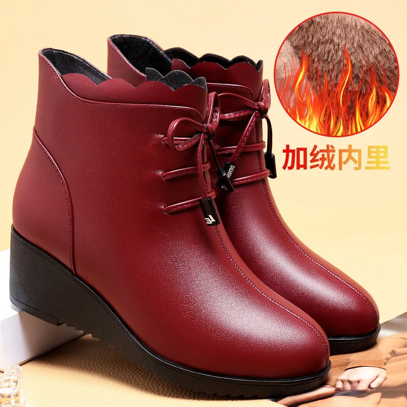 New Zipper Women\'s Wedge Short Boots Butterfly-knot Lace Up Winter Round Toe Solid Plush Warm Ankle Fashion Boots