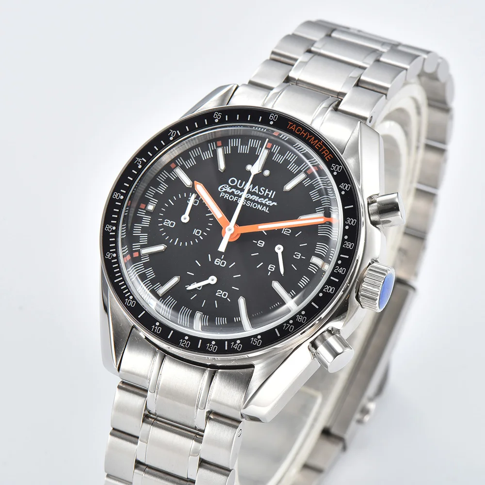 40mm Japan Original VK63 Timing Quartz Watch Men's Watch Panda Multi-Functional Dial Stainless Steel Sapphire Glass Case Watch