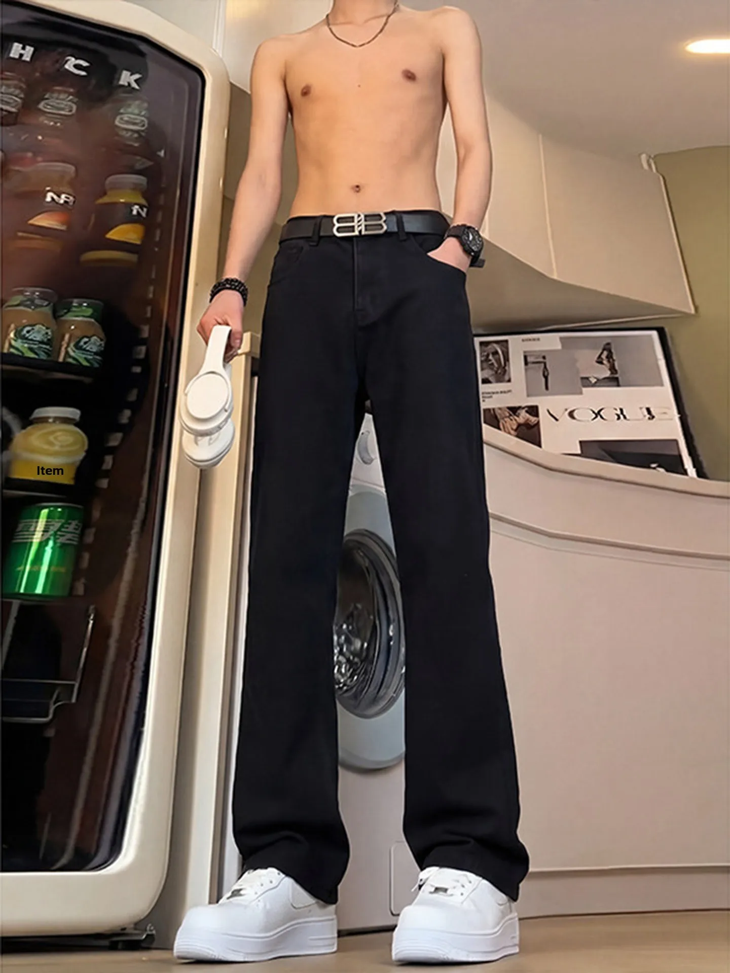 

High Waist Straight Leg Pure Bla Jeans for Men Extended Length Taller Guys Slim Fit American Sle Knee Length Flared Pants