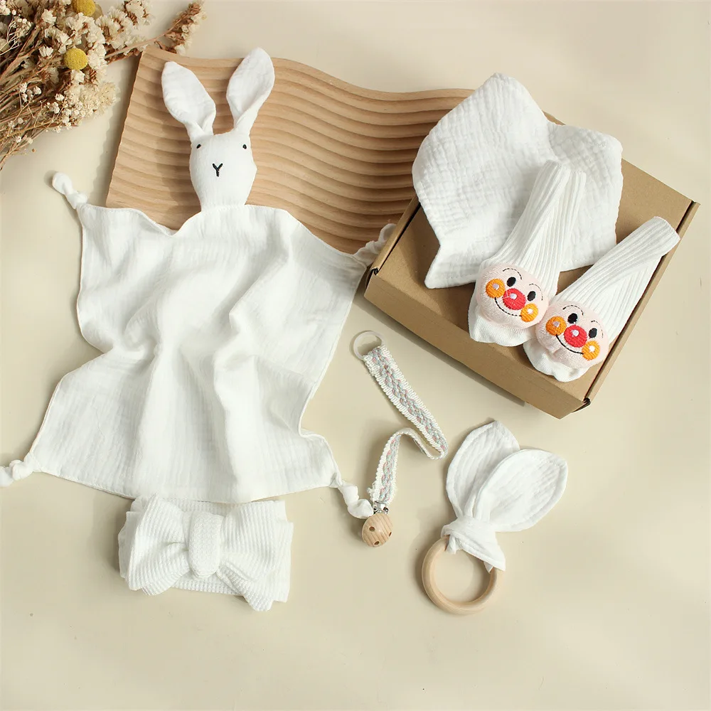 

Baby Soothing Towel Socks Drool Towel Wash Gift Box Newborn Bite Ring Hair Strap Set