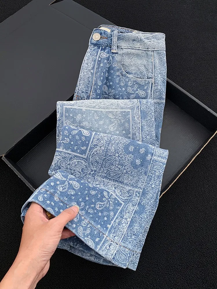 خمر المرأة تنوعا عالية الخصر الأزرق المطبوعة واسعة الساق الدنيم السراويل مكتب السيدات عادية شارع العليا فضفاضة تناسب مستقيم الجينز