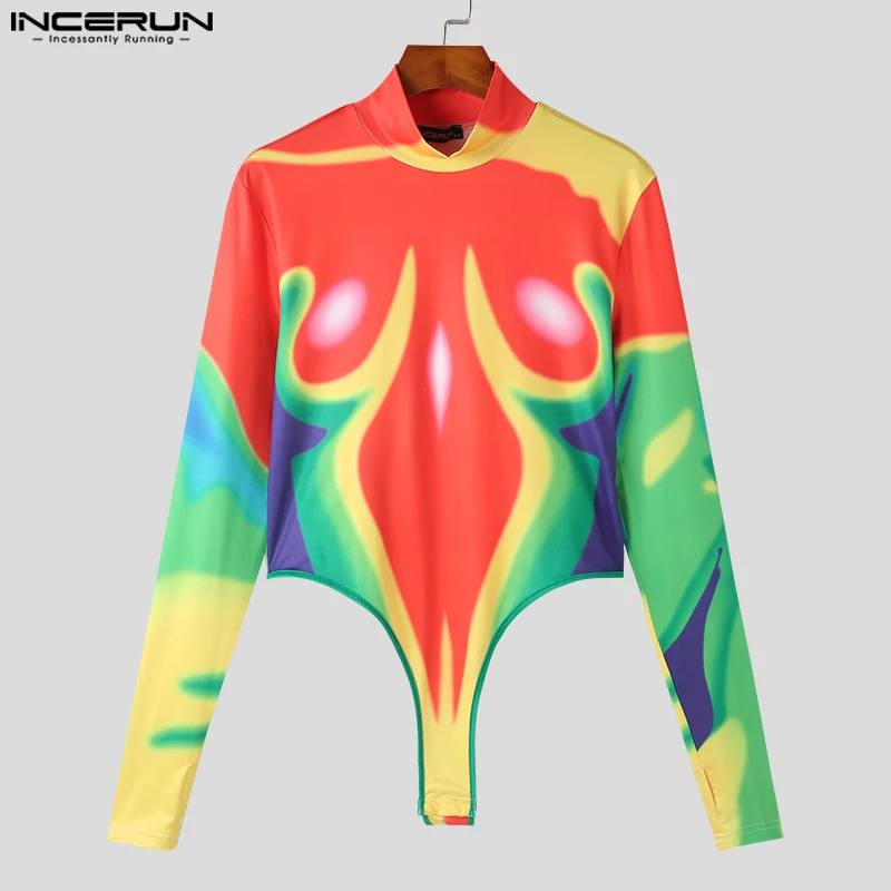 INCERUN Sexy męskie kombinezony kolorowe Tie Dye nadruk stylowe do połowy szyi naparstek z długim rękawem trójkątne body S-5XL