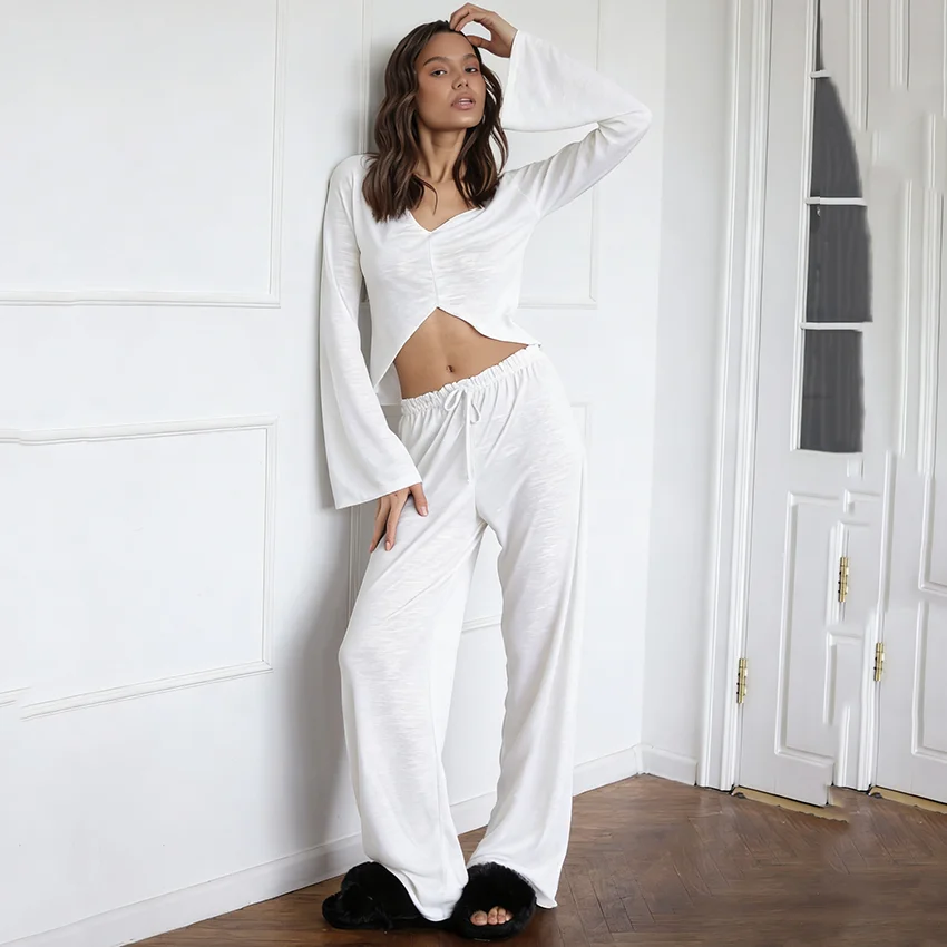 

HiLoc Casual Solid Pants Outfits Pajamas 2026 Home Sport Knit Crop Top Blouse With Drawstring Trousers 2 Piece Sets Women Autumn