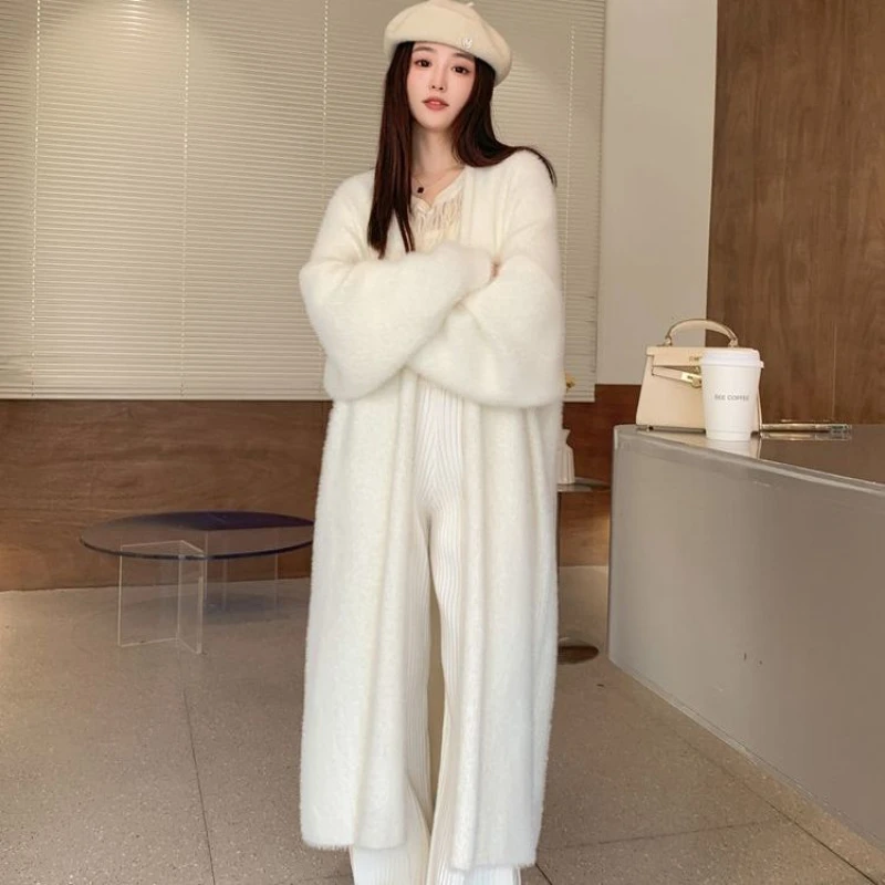 white Long Cardigan for women 2024 winter clothes Knitted fluffy long sleeve Cashmere sweater coat clotkorean style warm vintage