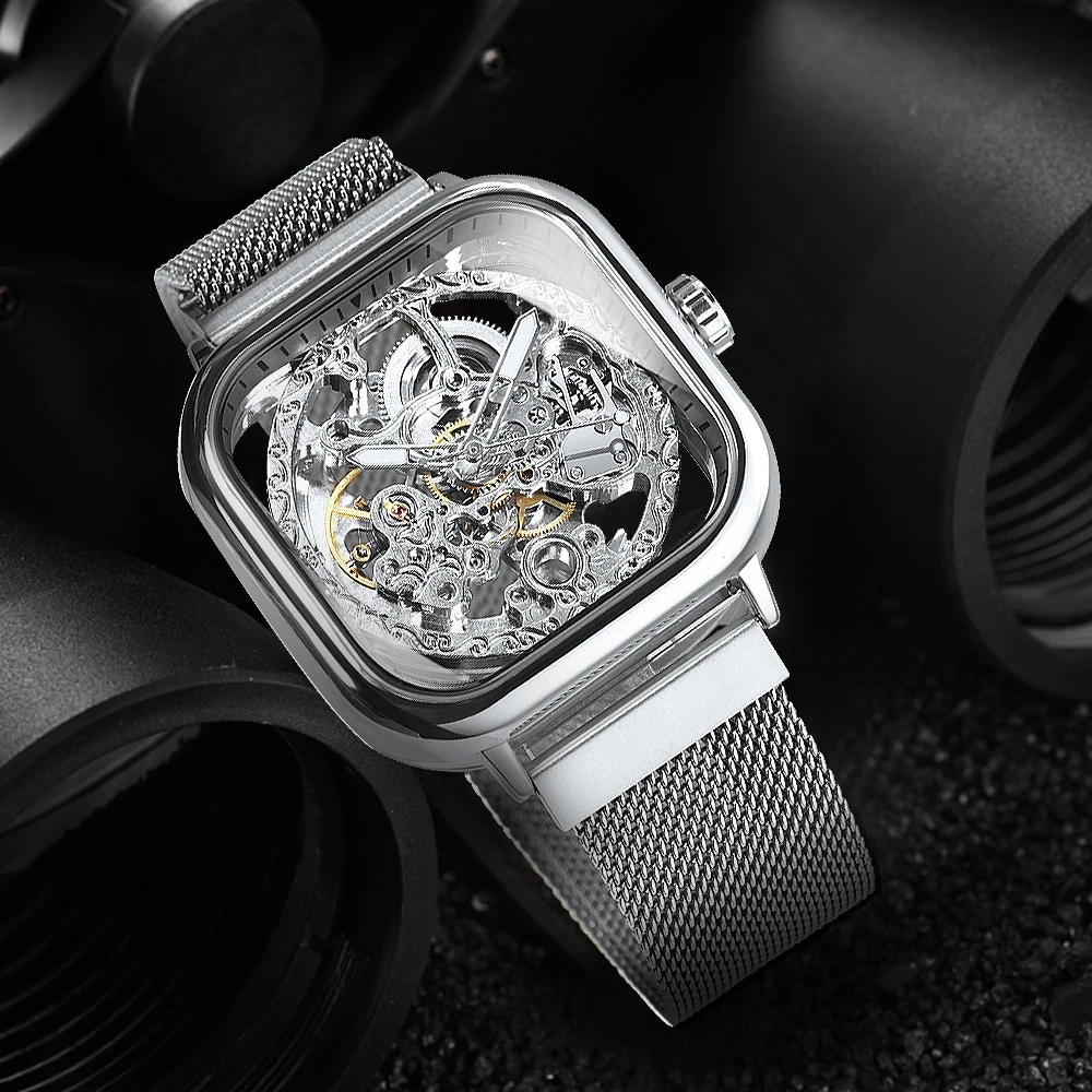 Forsining Square Skeleton Automatic Watch for Men Luminous Hands Engraved Movement Luxury Mechanical Watches Mesh Steel Strap
