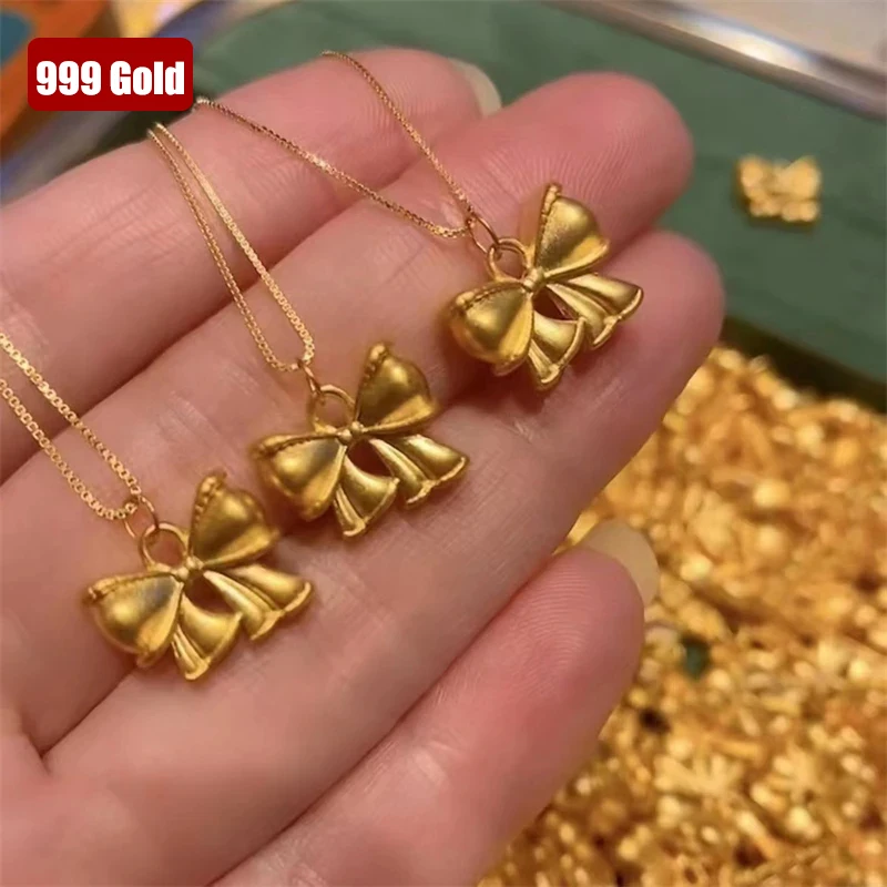 999 Real Gold 24K Yellow Gold Bownot Pendant For Women Necklace With Certificate