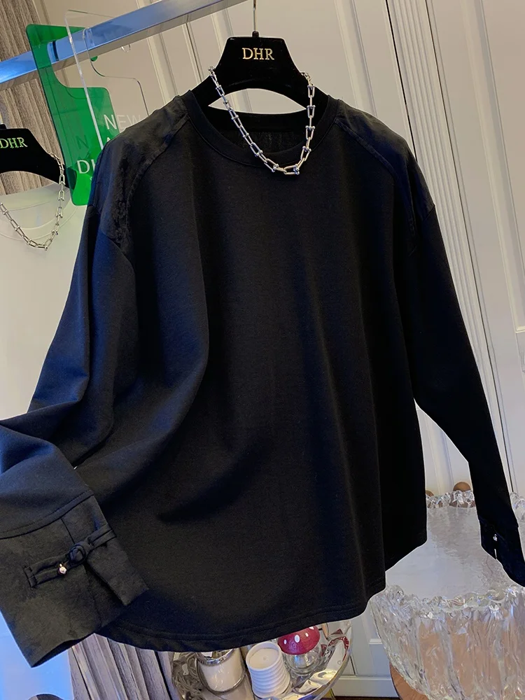 قميص نسائي فضفاض كبير الحجم 300 بو، بتطريز صيني جديد ورقعات، بأكمام طويلة، قطن نقي بلون واحد للربيع