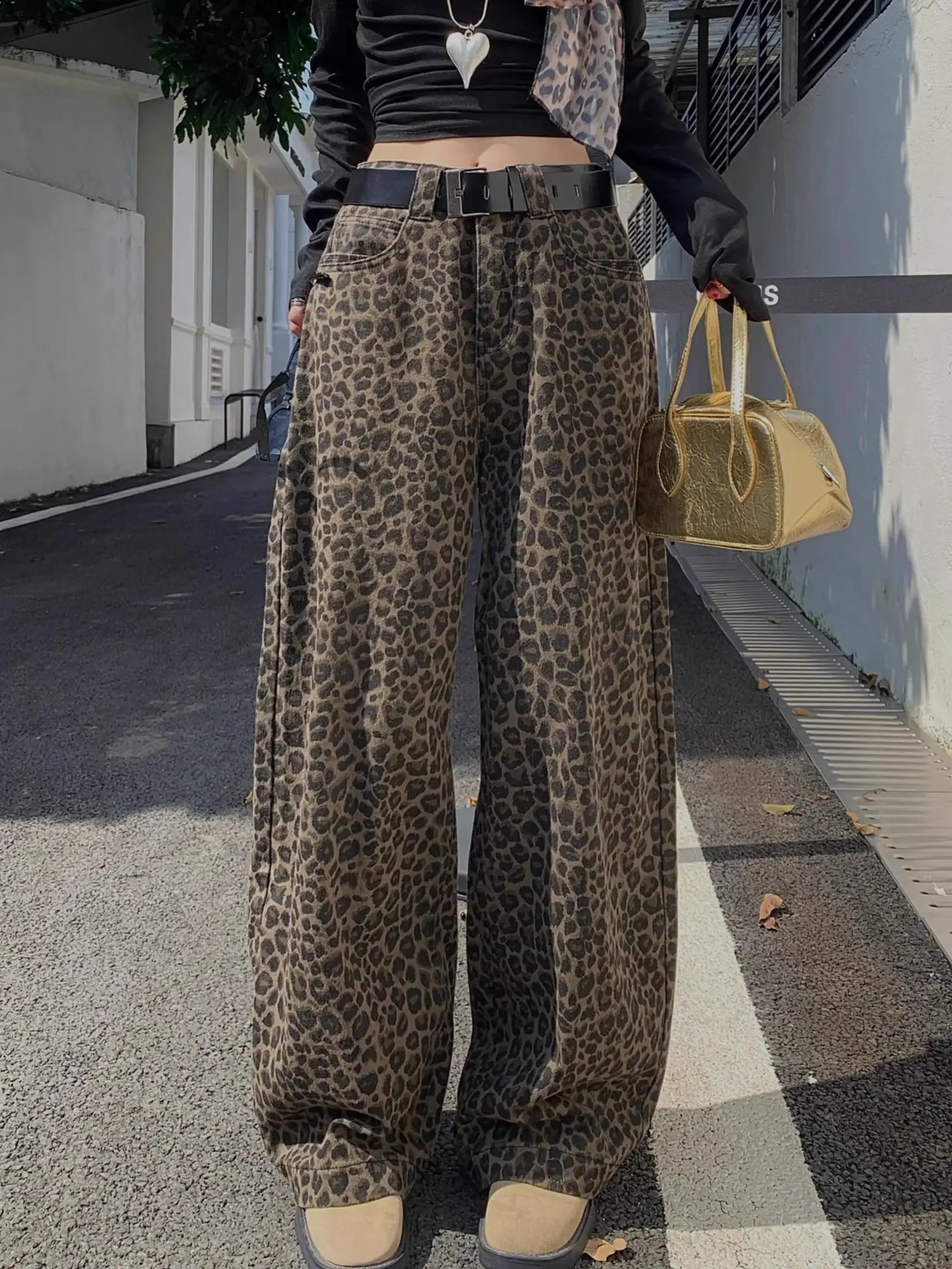 

plus Size Women's Retro Leopard Print High Waist Wide Leg Jeans Casual Floor Length Straight Cut Pants Sli Trendy Deep Blue