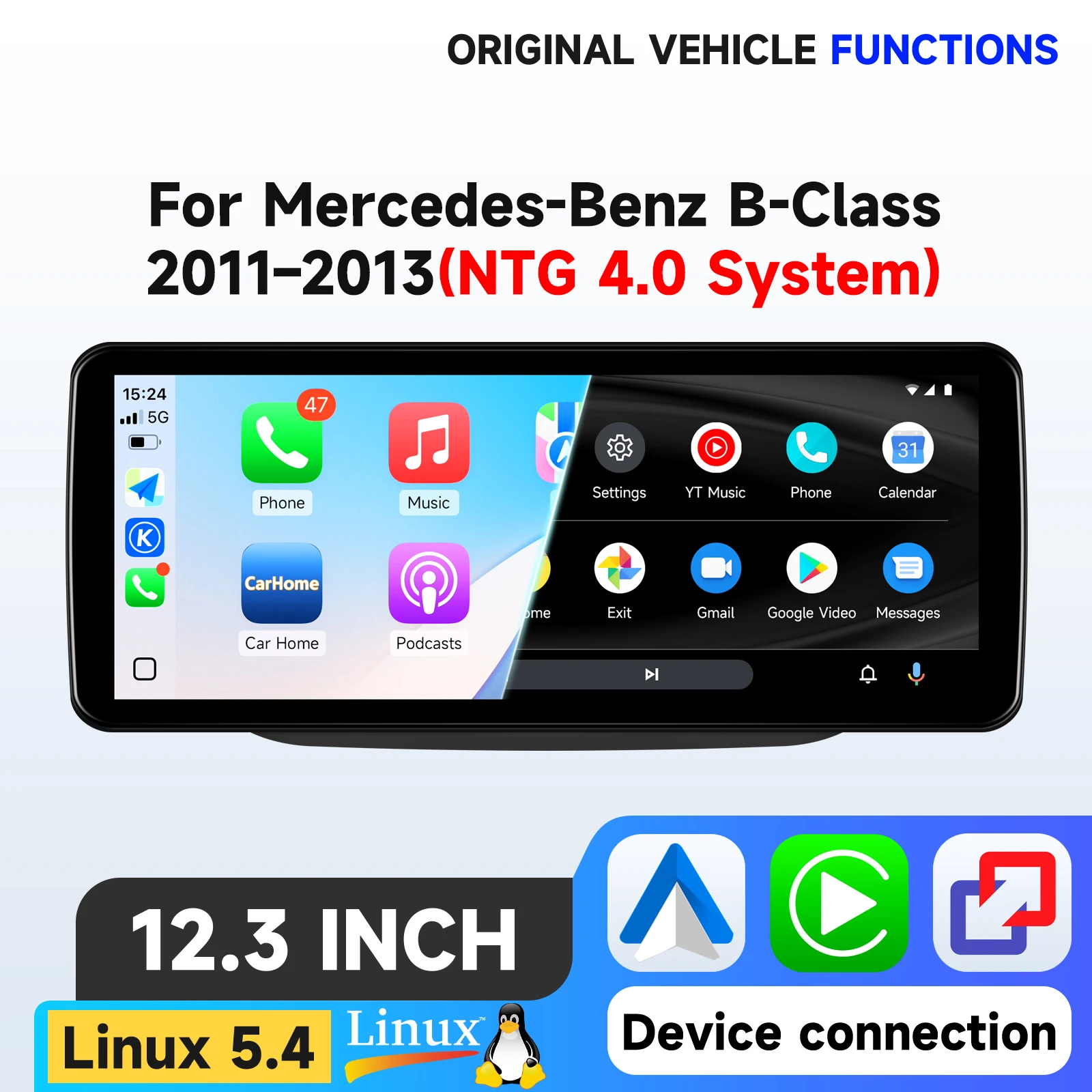Hizpo 12,3" Linux-Bildschirm für Mercedes-Benz B-Klasse 2011-2013 NTG 4.0 System mit Wireless CarPlay, Android Auto, Airplay, Autoradio-Player, Stereo, GPS-Navigation, Audio, Original-Auto-CD-Player,