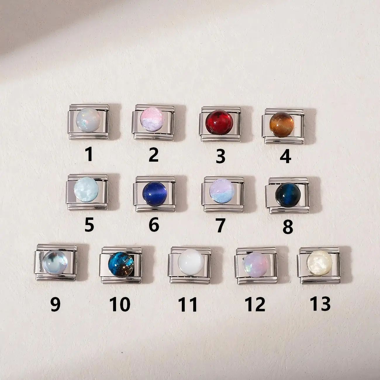 13Pcs Round Resin Galaxy Cat Eye Stone Italian Charm Links Set 9mm Stainless Steel Modular Bracelet DIY Making Accessories Bulk