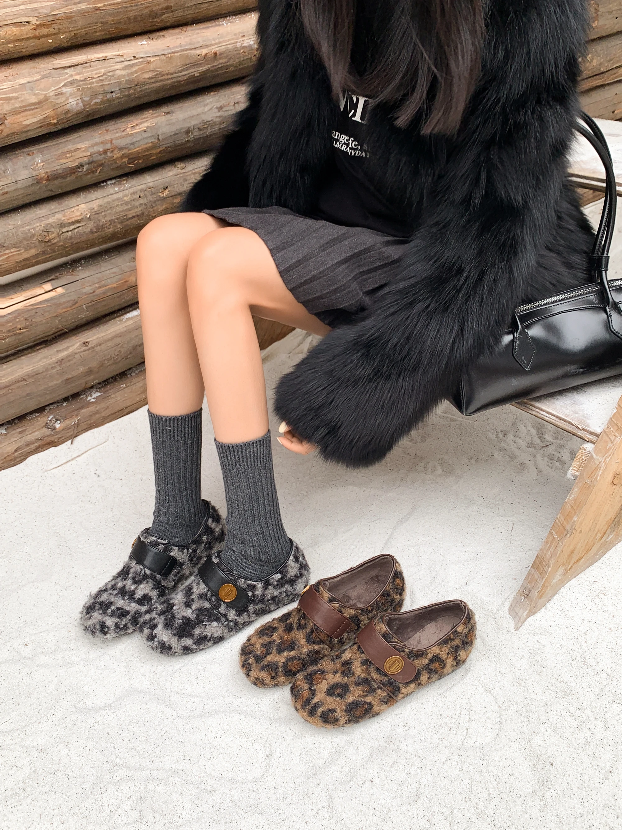 

Leopard Furry Buckle Clogs Warm Lined Slip-On Full Cover Birken Style Shoes for Women