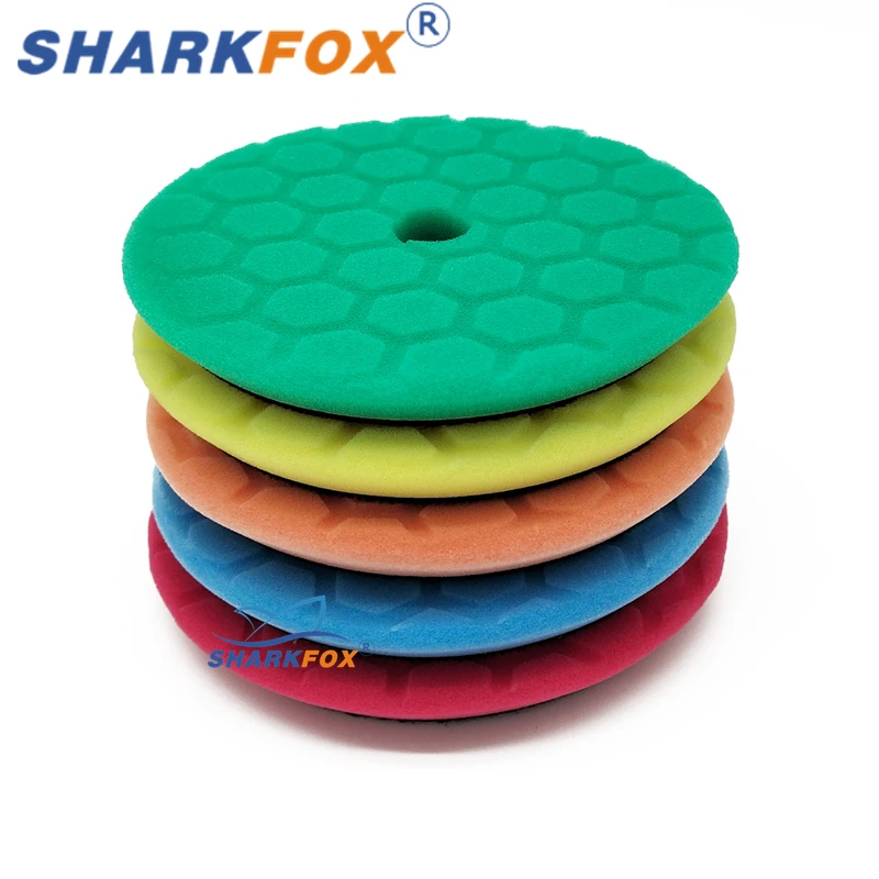 Sharkfox-Car lustrando almofadas de polimento, esponja chanfrada Hex-Logic, polidor de buffer, DA, RO, GA, 5 PCs por conjunto, 125mm