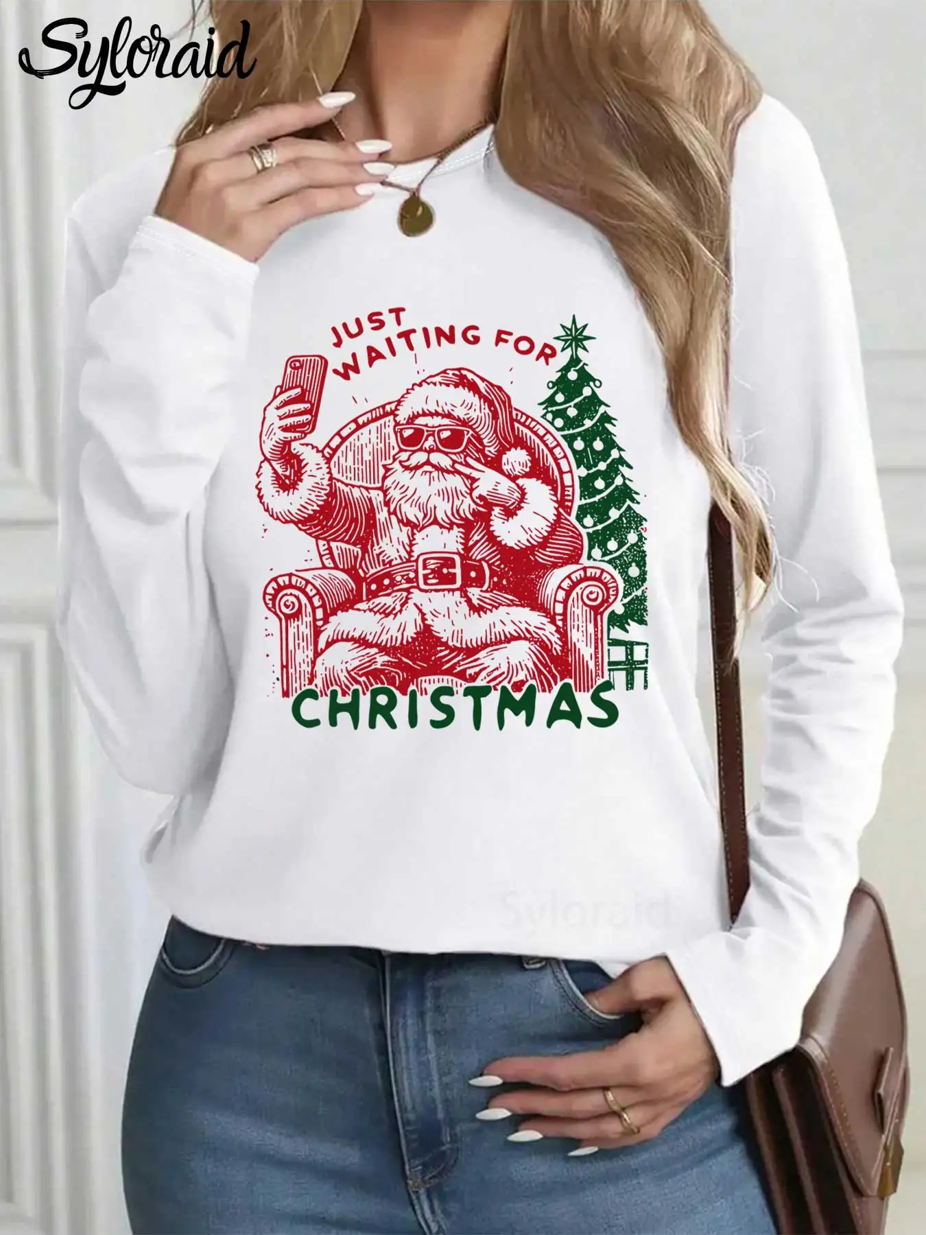 تي شيرت نسائي طويل الأكمام فقط في انتظار عيد الميلاد سانتا تي شيرت عيد الميلاد عطلة قميص موضة رقبة مستديرة كاجوال #1