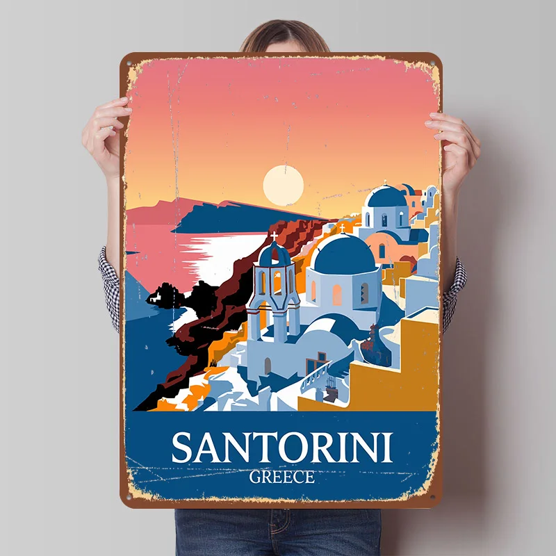 Santorini Greece Travel Tinplate Poster Custom Wall Art Vintage Metal Signs Retro Tin Plaque for Home and Decoration Room Decor