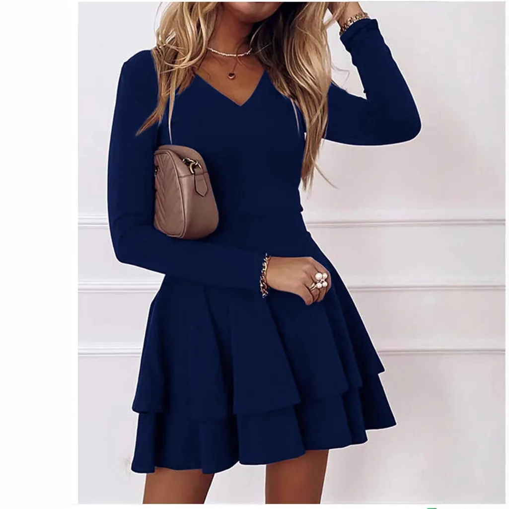

New V-neck Solid Color Fashionable Mid-waist Pullover Spliced Bottom Fashionable Versatile Style Long-sleeved Women's Dress