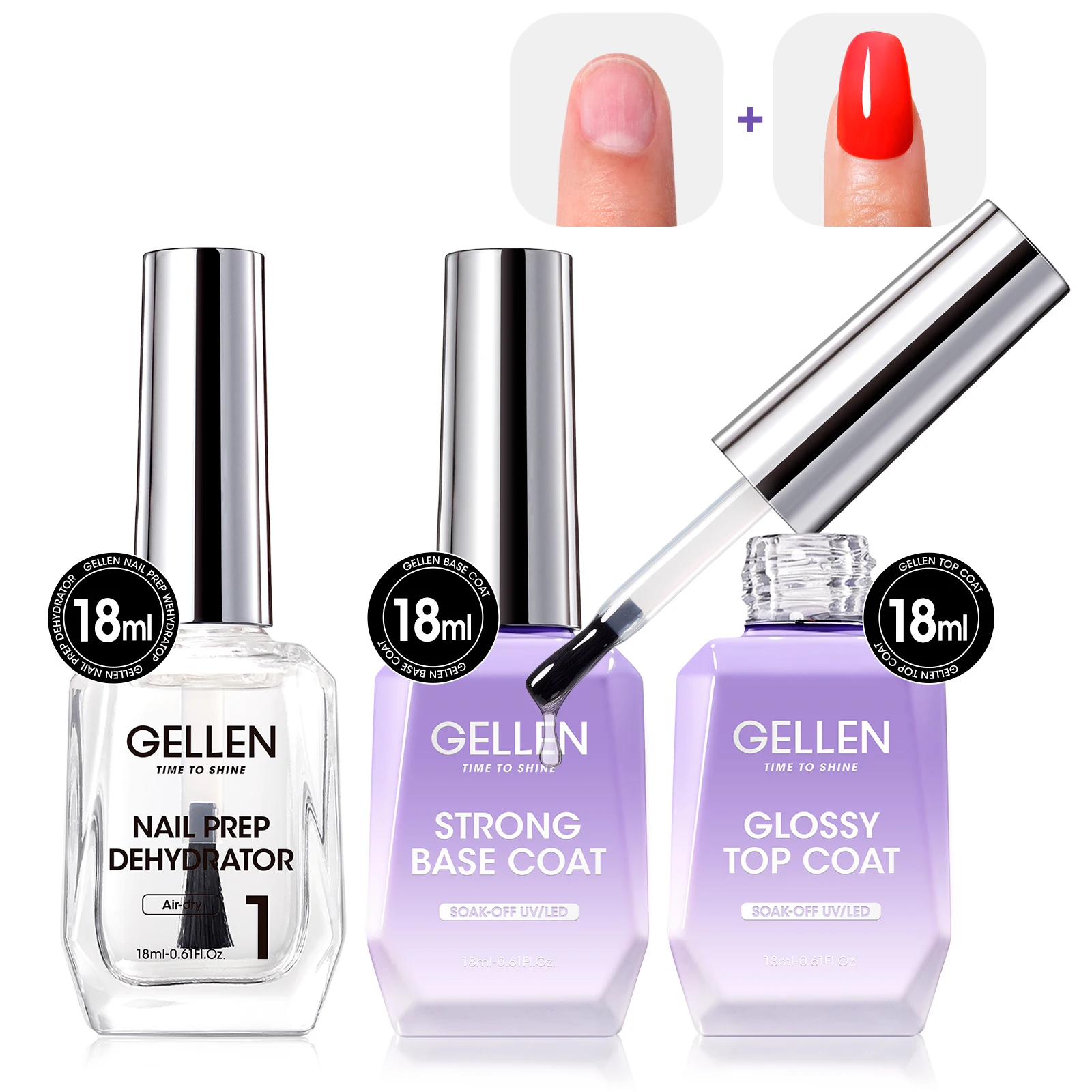 

Nail Dehydrator and Superior Base Coat Glossy Top Coat Set for Acrylic No Wipe Soak Off Gel Nail Polish Fast Dry Long Lasting