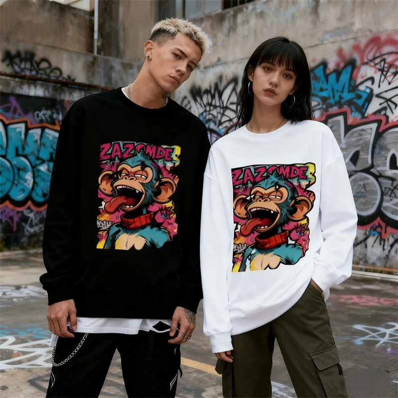 

ZAZOMDE Европейская и американская уличная футболка в стиле унисекс с графическим принтом обезьяны, хлопковая футболка для мужчин и женщин, мода в стиле хип-хоп