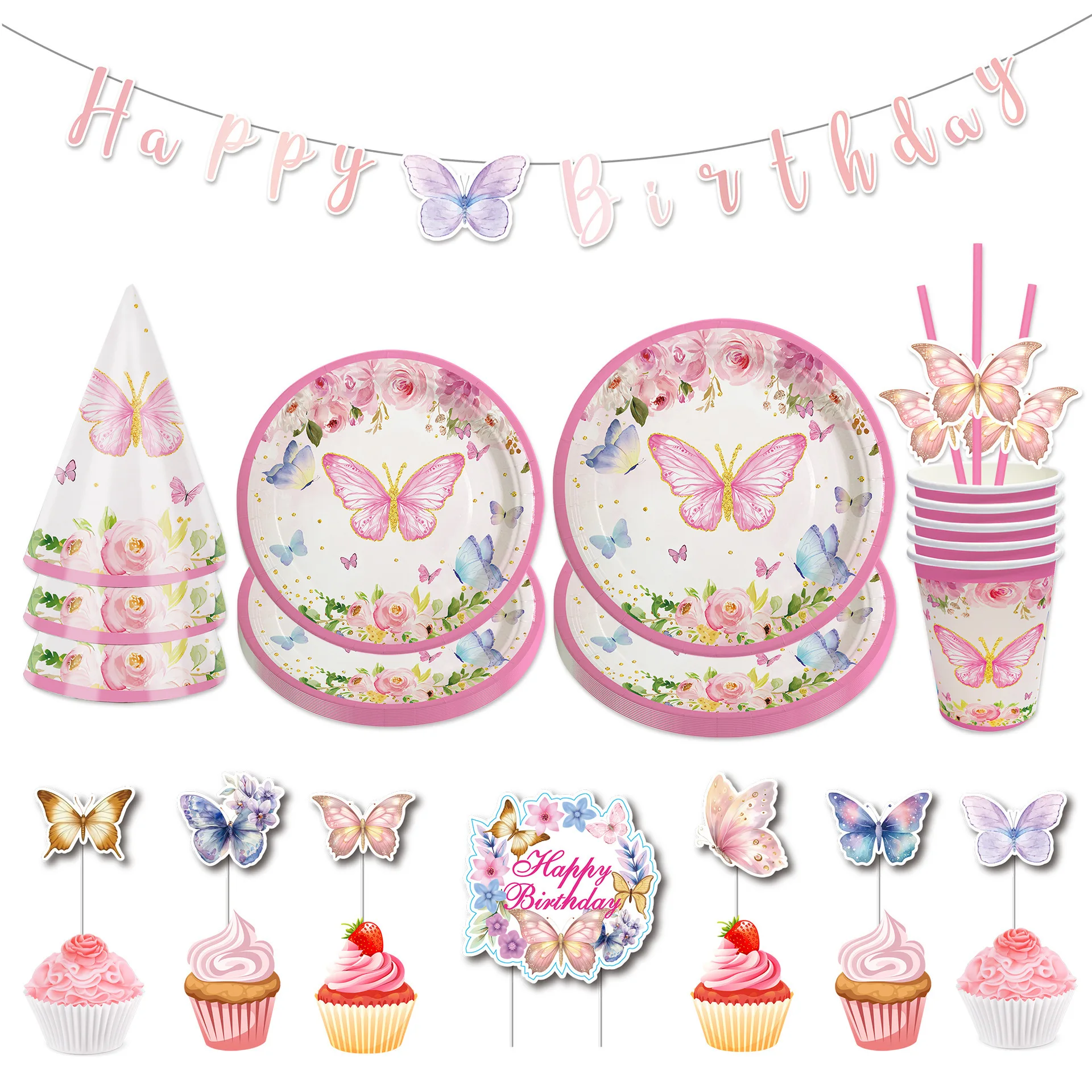 

10pcs Butterfly Tableware Set Disposable Paper Plates and Cups Birthday Party Tableware Set Happy Birthday Flag Wholesale