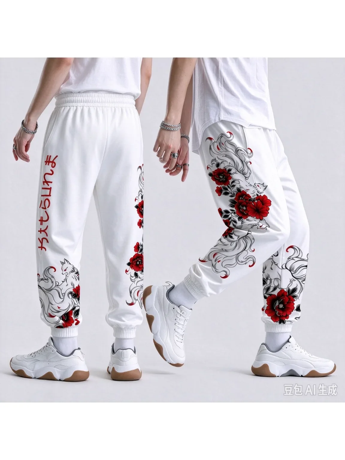 Men Nine-tailed Fox Red Flower Allover Print Jogger Pants Drawstring Elastic Waist Cuffed Ankle Trendy Street Casual Daily Wear