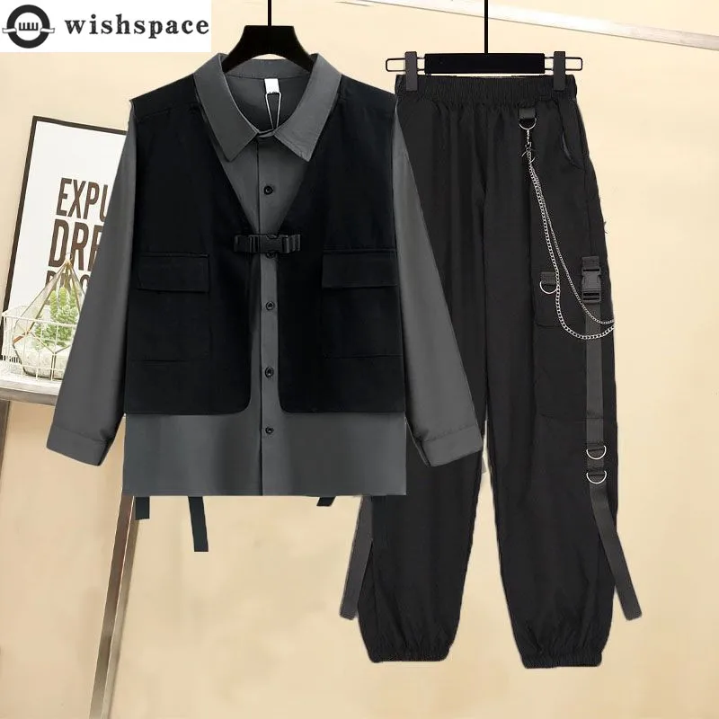 

Unisex Set Spring and Autumn New Korean Loose Casual Shirt+vest Handsome Work Pants Three Piece Set Trendy