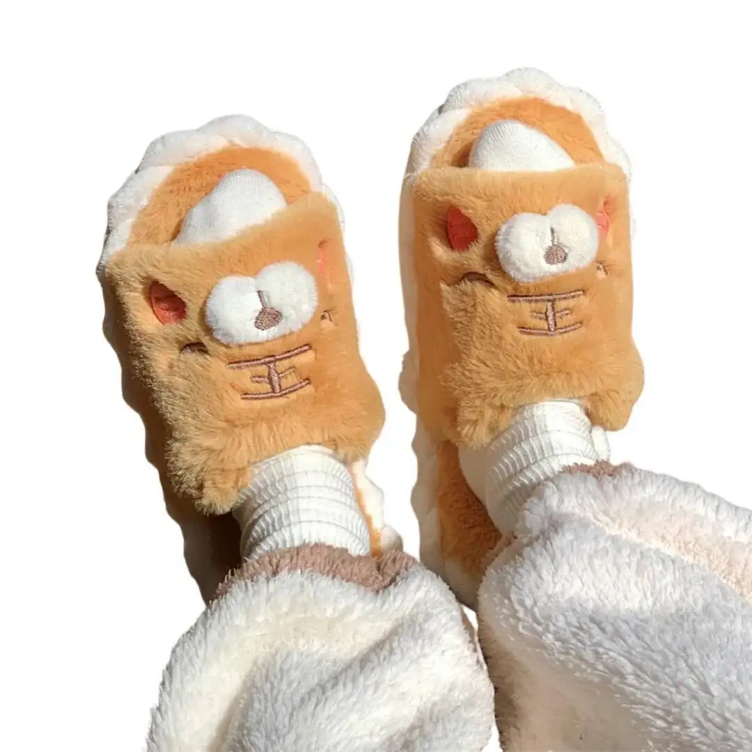 Indoor Household Soft Sole Furry Slippers Women's Cute Tiger Autumn Winter Home Anti Slip Slide Cotton Slippers