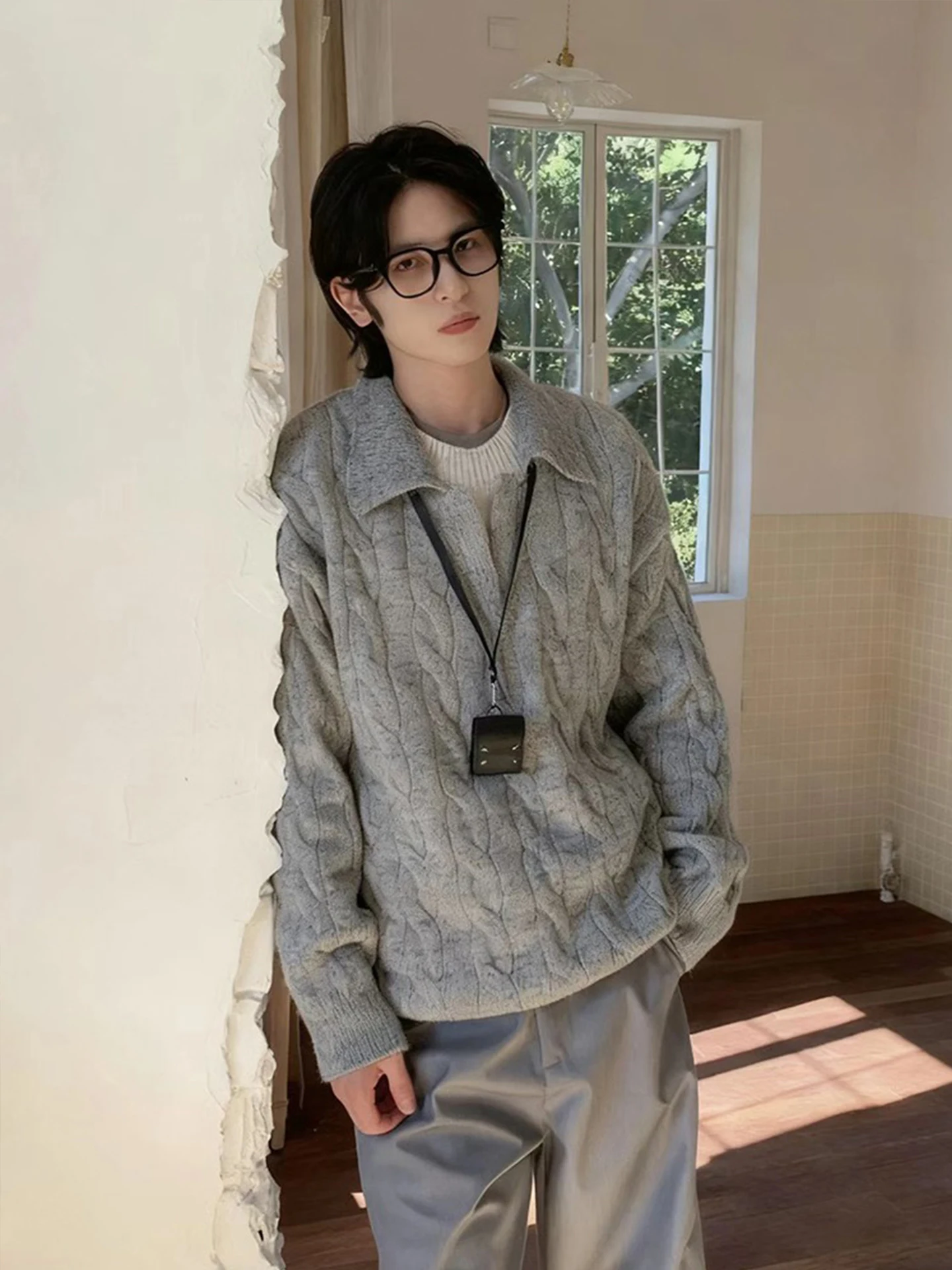 

Мужской свитер в американском ретро-стиле с воротником из витого трикотажа, осенне-зимний, теплый, повседневный, с эффектом двухслойности и вставками