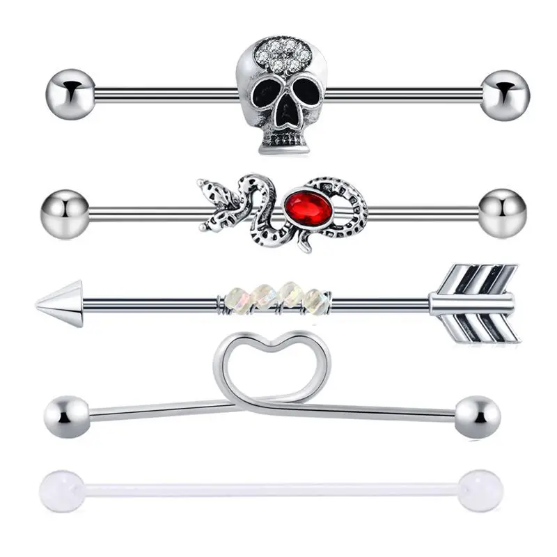 5PCS/Set Stainless Steel Flower Heart Snake Chain Industrial Piercing for Women Men Earrings Tragus Cartilage Piercing Jewelry