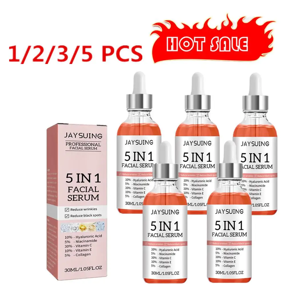 Soro Facial Hidratante com Ácido Hialurônico, Clareamento, Anti Rugas, Envelhecimento, Vitamina C, Pontos Desvanecentes, Poros Encolhedores, Cuidados com a Pele, 5 em 1, 30ml