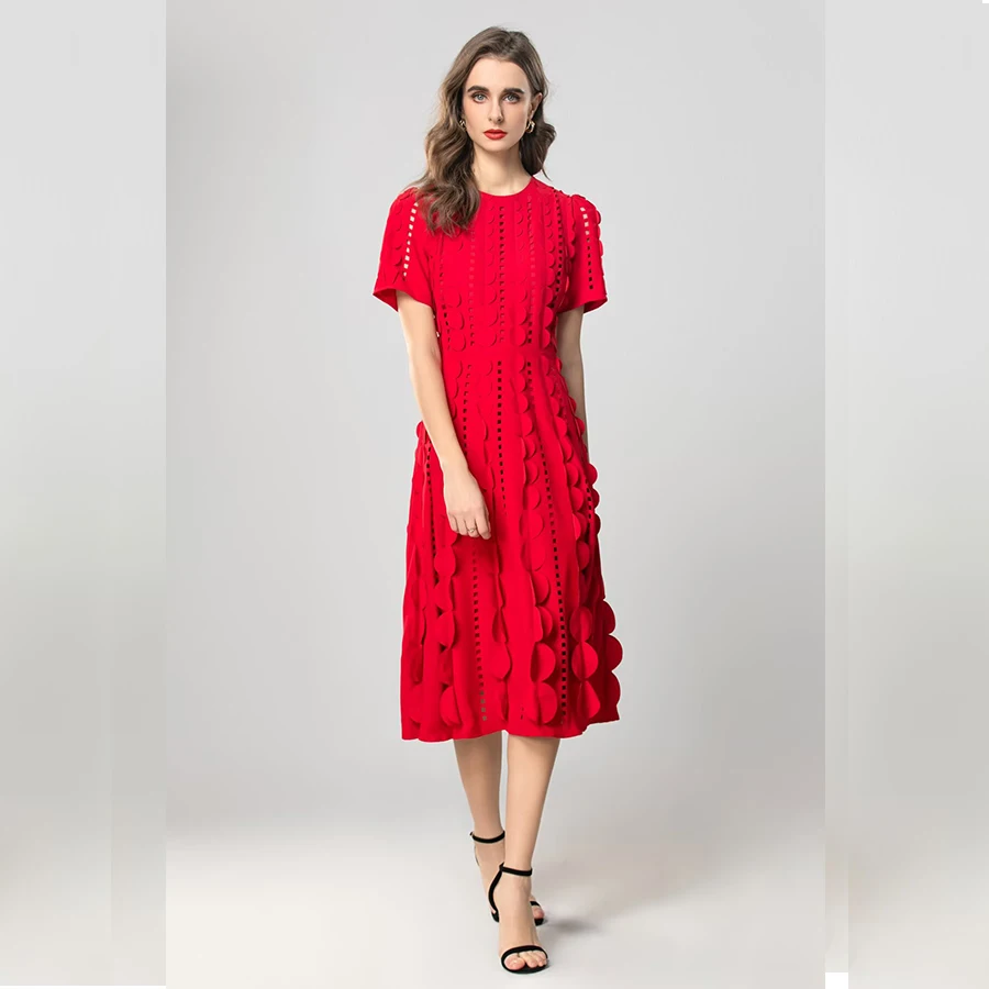 New Fashion Designer Short Sleeve Midi Dress Solid 2025 Summer Circle Embroidery Hollow Out Patchwork Party Dress 250211H02