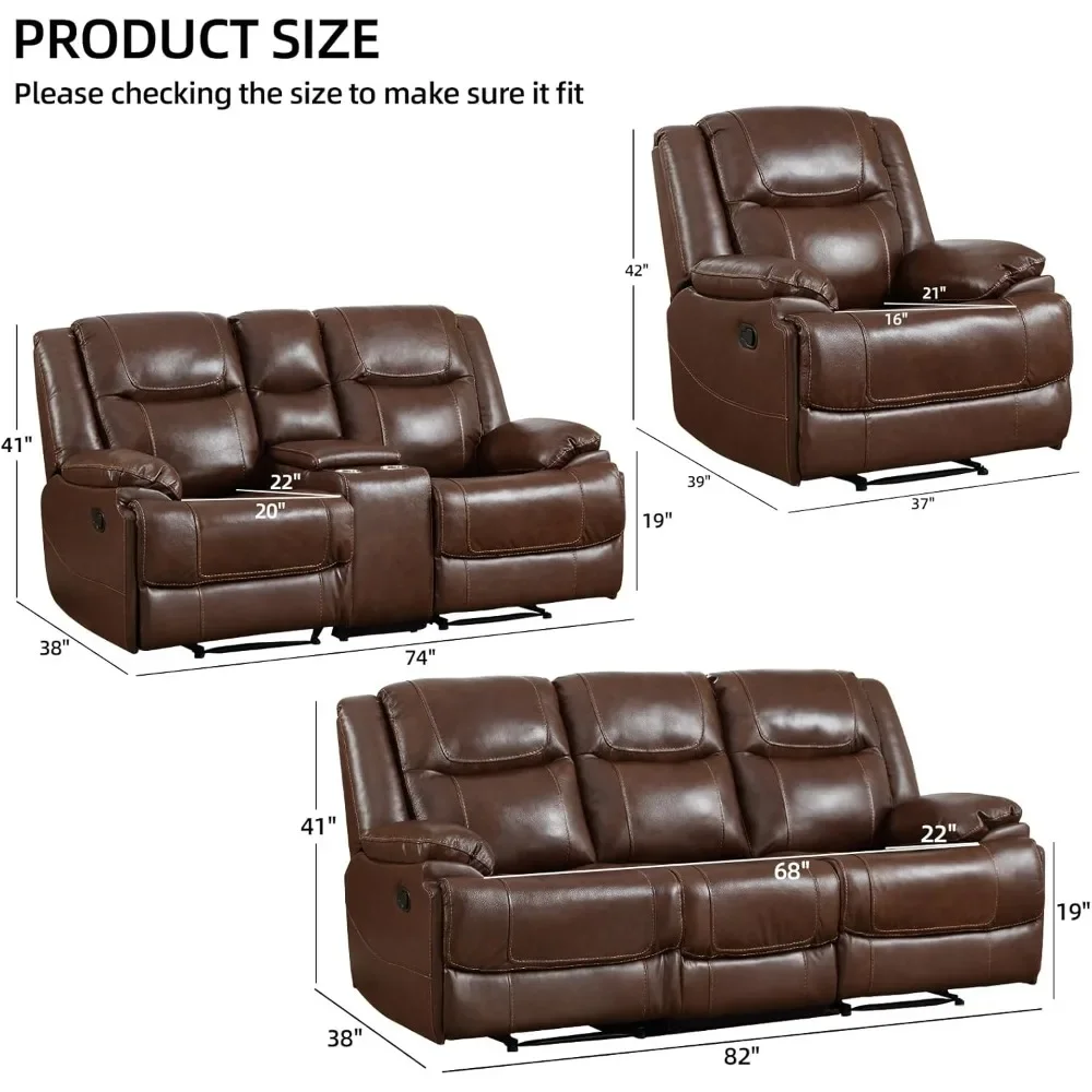 Genuine Leather Manual Recliner Sofa Set, Recliner Chair, Loveseat Reclining Sofa and 3 Seat Recliner Sofa