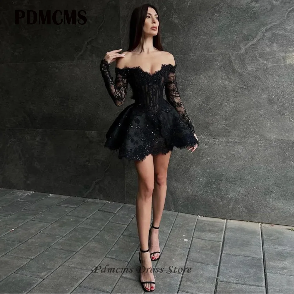 SSYTENS Black Lace Sexy Short Party Dresses Off Shoulder Customized Corset Long Sleeves Prom Event Dress Mini Cocktail Gown