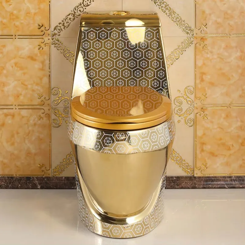 مجموعة أدوات الحمام الصحية المصنوعة من السيراميك، مرحاض الحمام المطلي بالقطعة واحدة باللون الذهبي، مجموعة حوض المرحاض والقاعدة