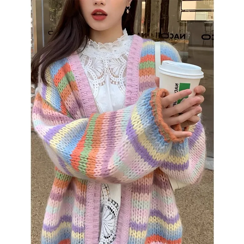 

Women Clothing Spring Autumn Fashion Korean Striped Multicolor Female Knitting Cardigan All-match Long Sleeve Sweater Coat Top T