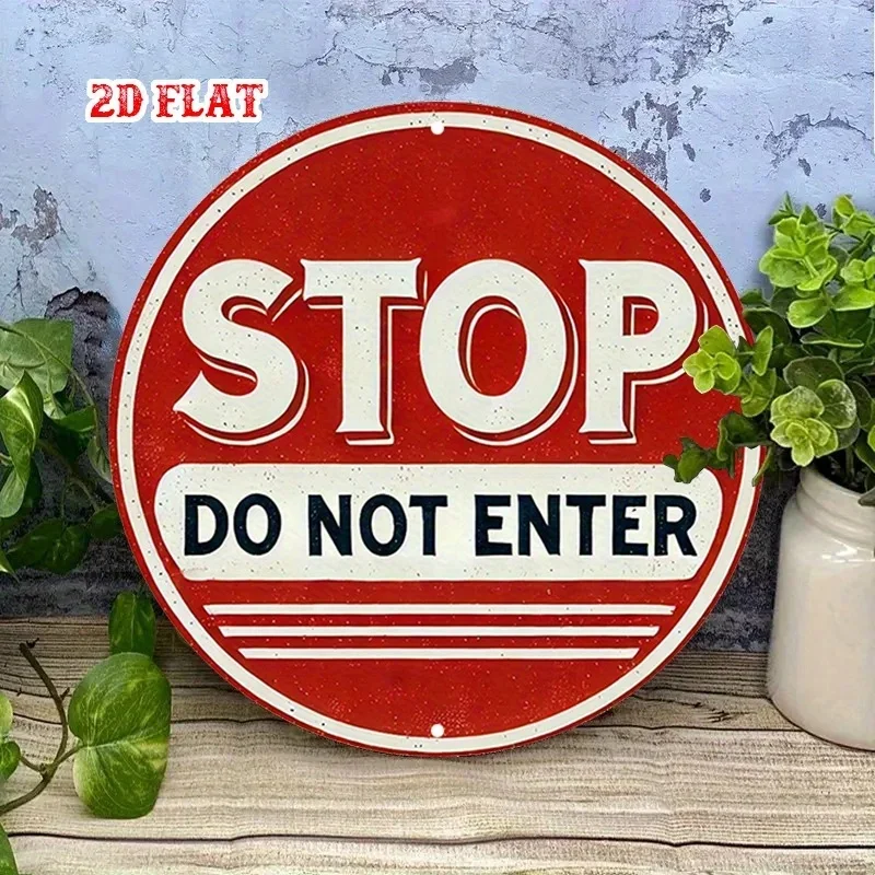 Round Aluminum Stop Sign 2D Flat Bold Letter Warning Text Metal Tin Sign Wall Plaque Indoor Outdoor Home Garage Decor Gift