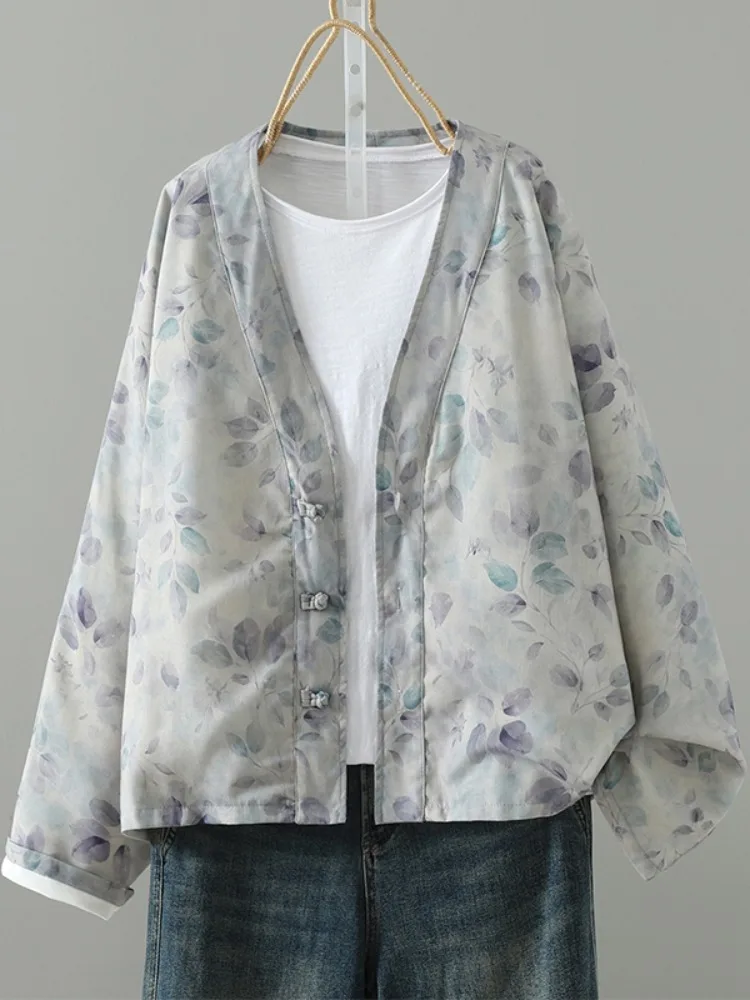 

Chic V-ne Cotton Linen Jaet Women's Large Size Unique Open Cardigan Top Chinese Sle Buttoned Outerwear Spring Faion