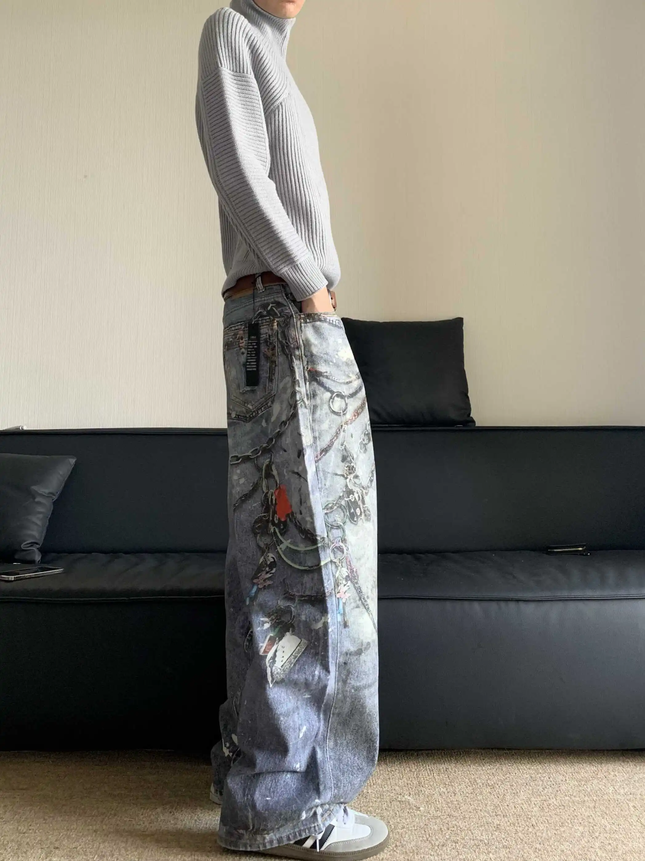 جينز ريترو أمريكي هاي ستريت ثلاثي الأبعاد مطبوع رقمي جينز فضفاض للنساء Sle تلاشى صبغ متشثر فضفاض مستقيم الساق جينز