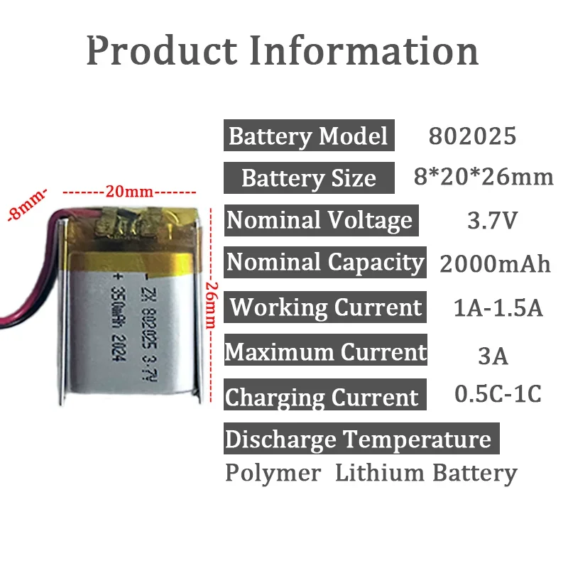 802025 3.7V 350mAh batteria ricaricabile ai polimeri di litio LiPo con spina jst PH 2.0mm a 2pin per auricolare con altoparlante Bluetooth leggero MP4