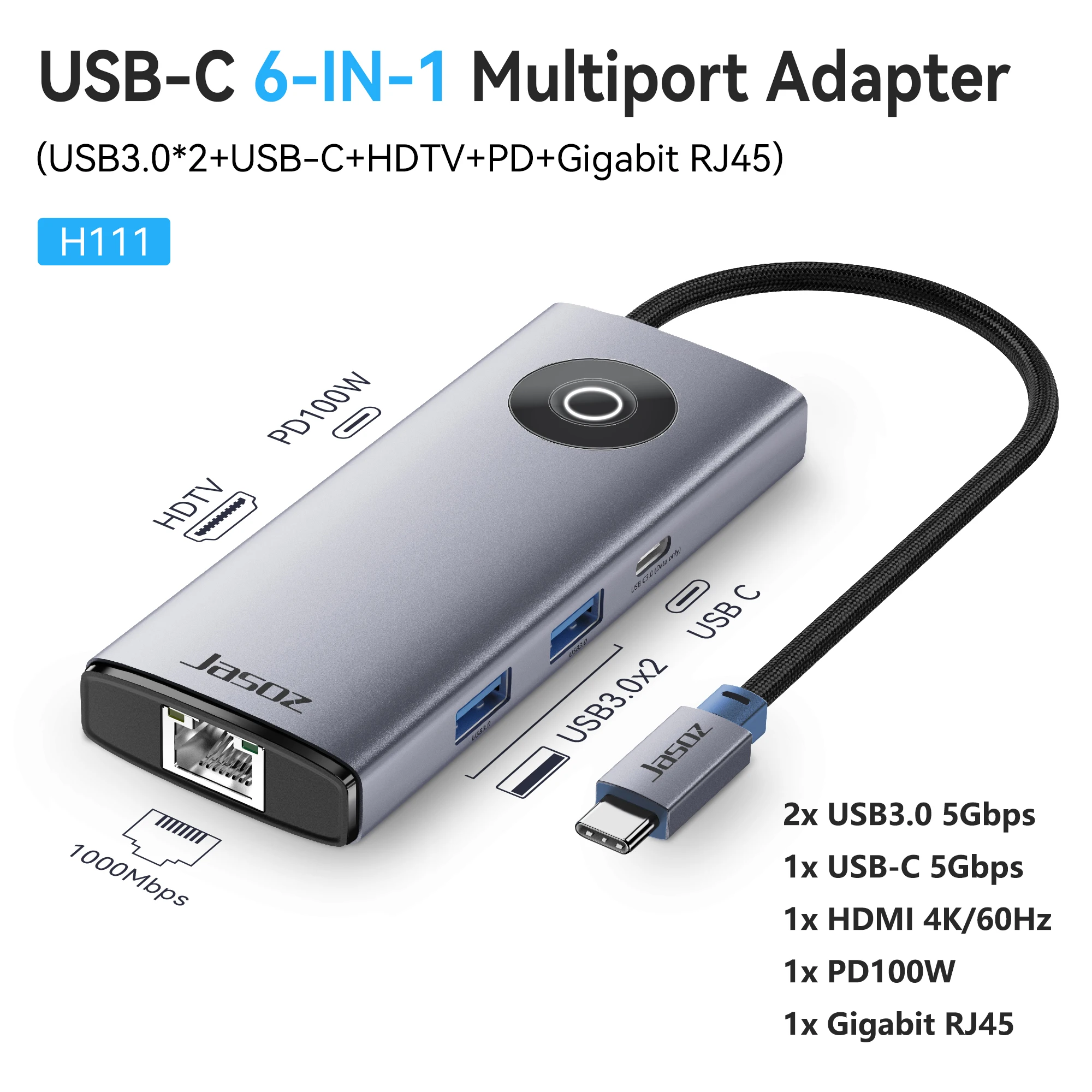 Jasoz USB HUB 10-in-1 Type-C naar 4K60Hz HDMI VGA SD/TF USB3.0 PD100W RJ45 1000Mbps voor Laptop Macbook USB Splitter Docking Station