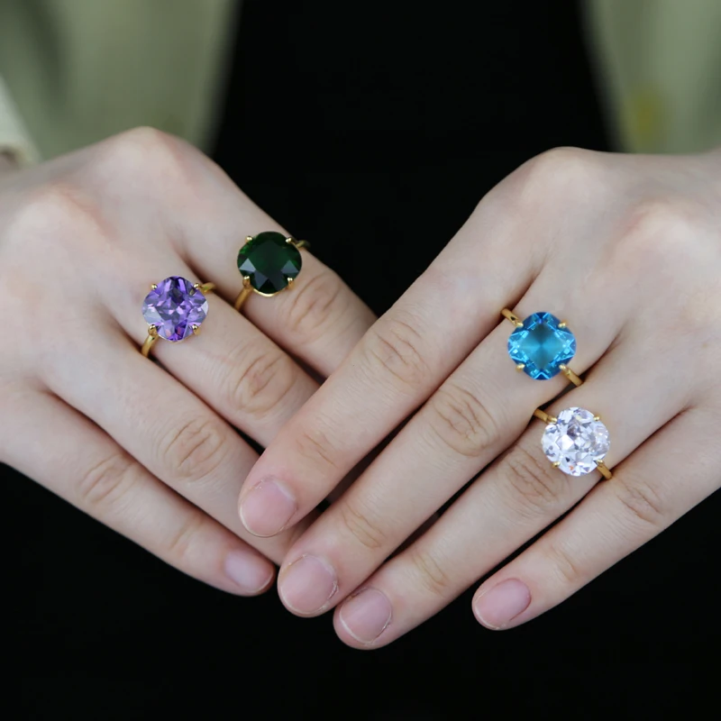 Geometric Tear Drop Square Single Cubic Zirconia CZ Simple Colorful Stone Engagement Ring For Women