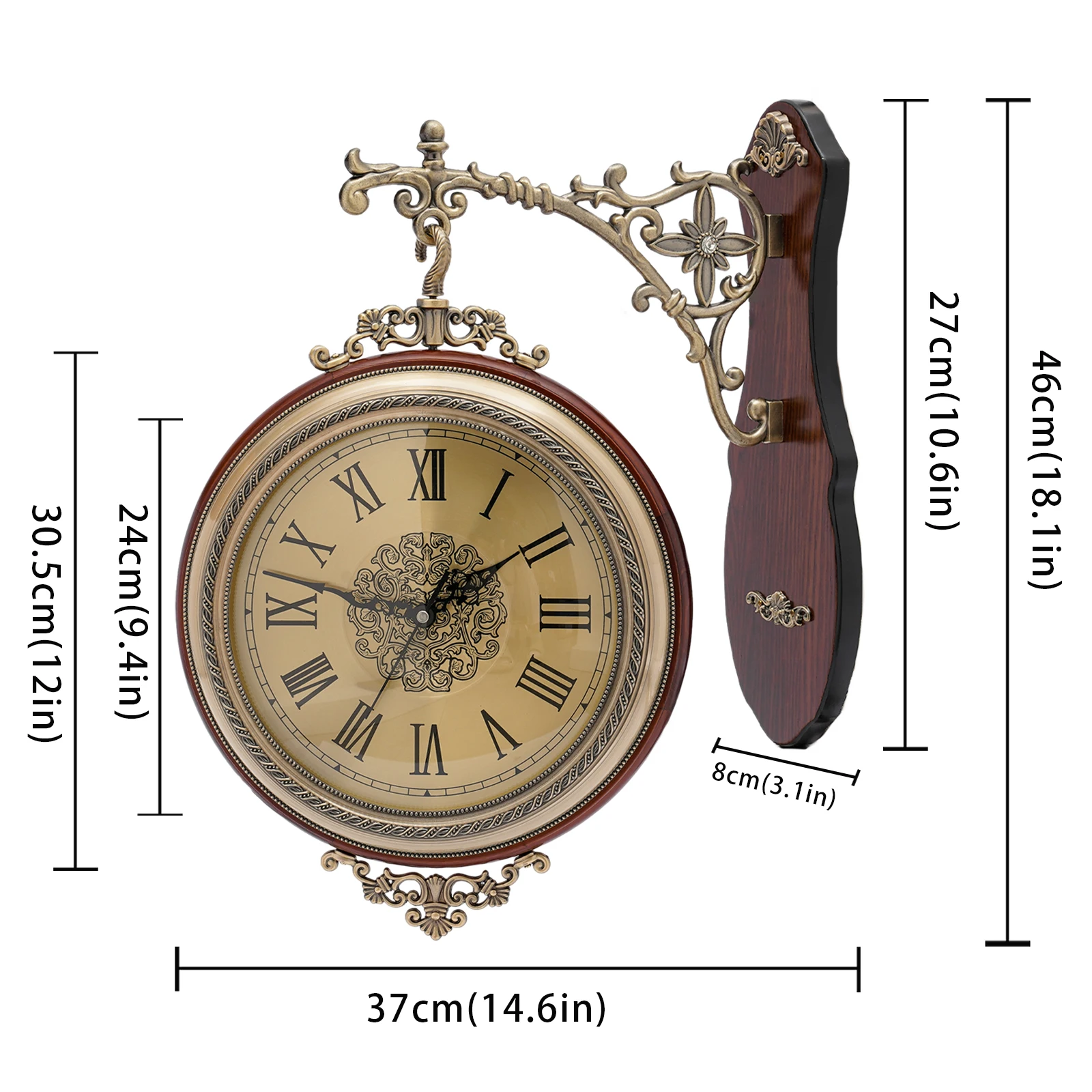 Round Clock, Double Sided Clock, Coffee Colored Double-Sided Wall Clock Home Bedroom Office