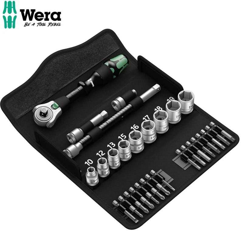 WERA 05004046001 8100 SB6 Zyklop Ratchet Socket Wrench Set Of 29 Pieces 3/8 Inch Set In Robust Textile Box