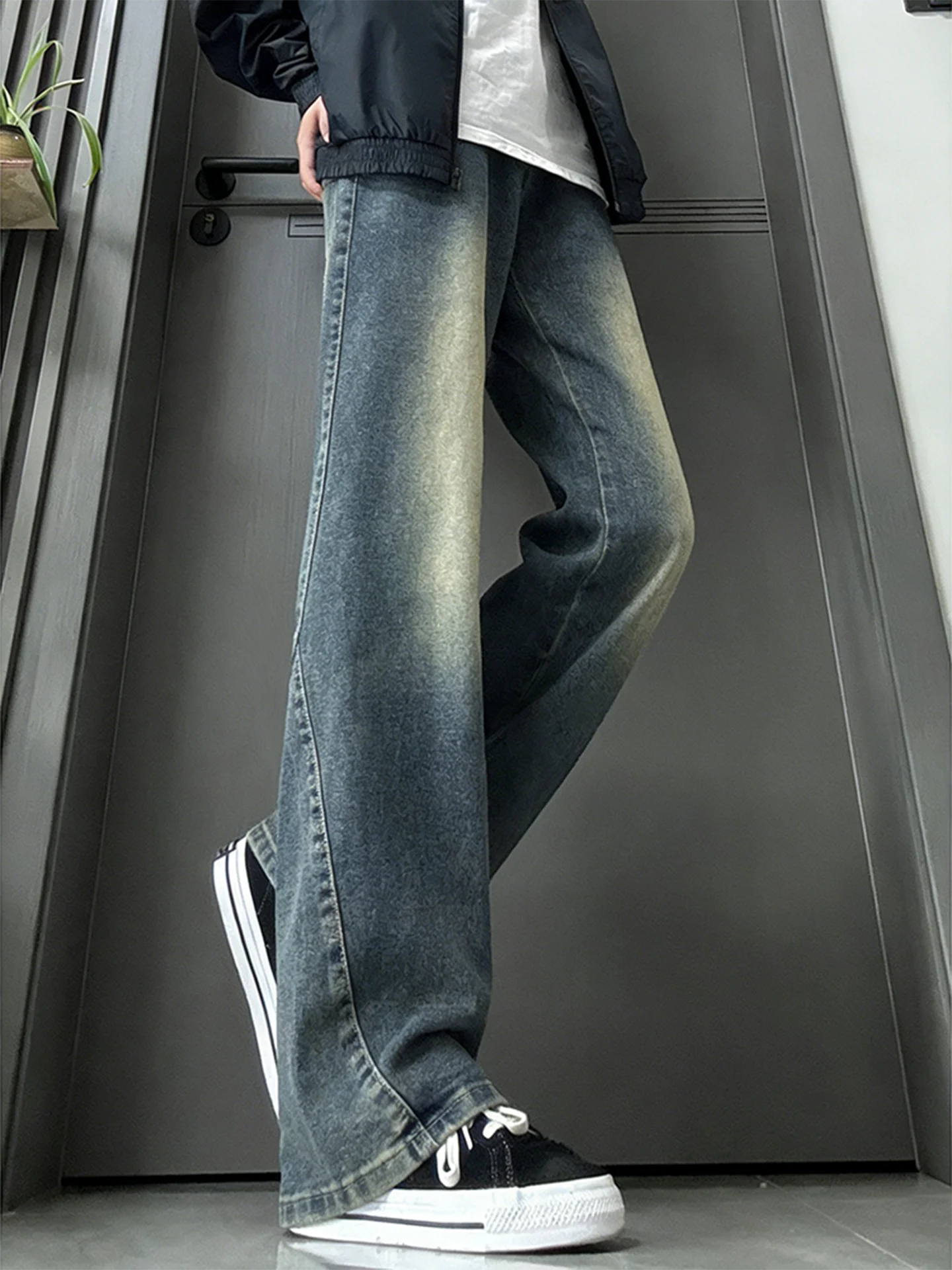 

Cleanfit Vintage Blue Slant Cut Flared Jeans Men's American High Street Style Large Size Straight Leg Knife Pants