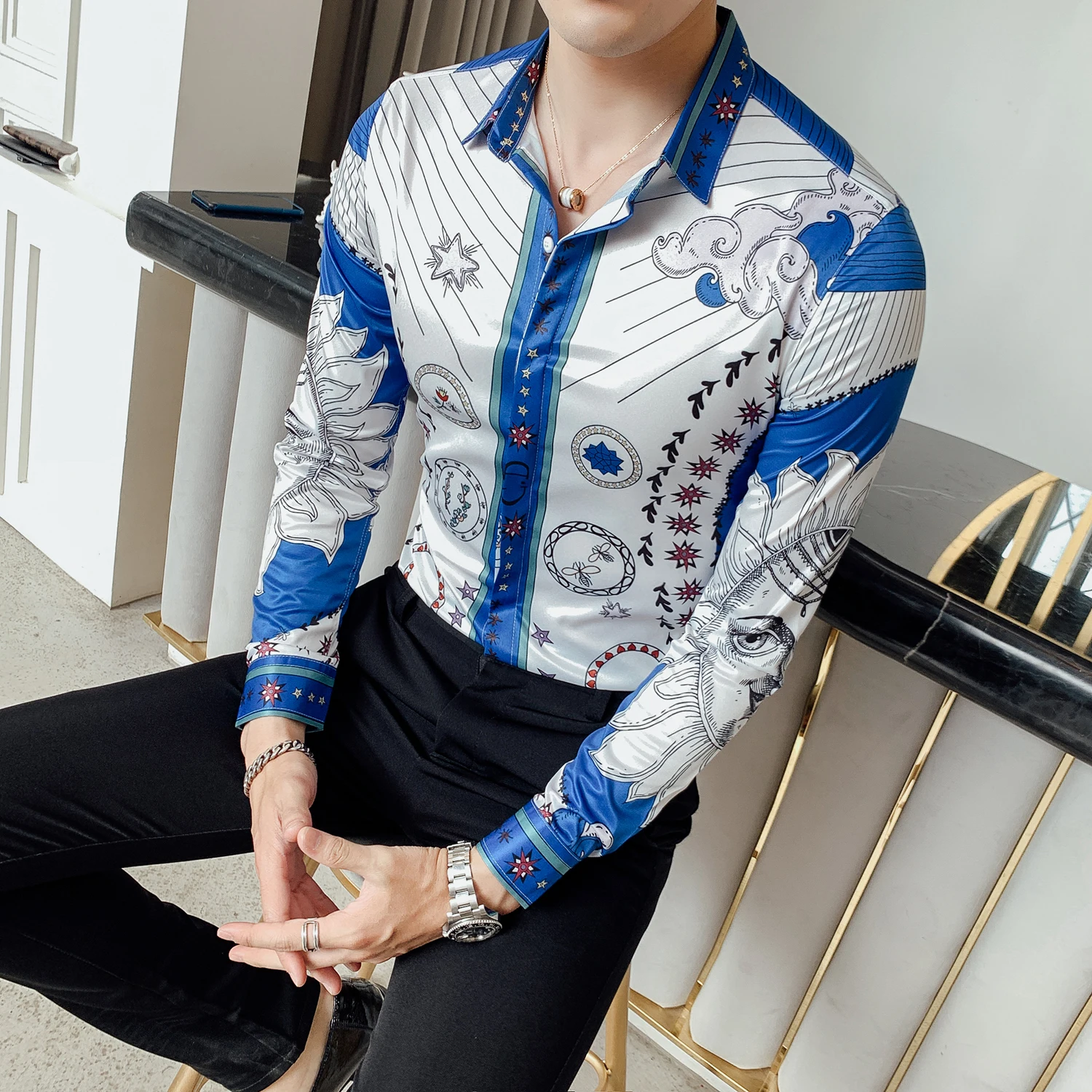 Royal Blue Print Men Shirt Long Sleeve Fashion Casual Shirts Slim Fit Shirt nightclub Streetwear Clothes Camisa Social Masculina