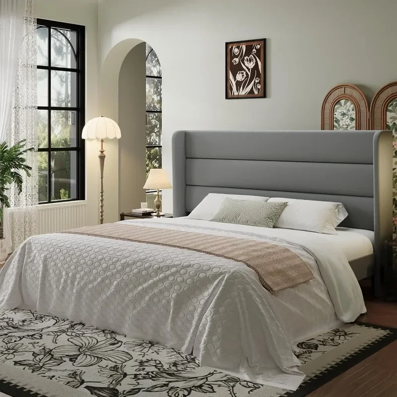 SHA CERLIN King Size Velvet Bed Frame with Wingback Headboard/Upholstered Platform Bed with Wooden Slats/Mattress Foundation