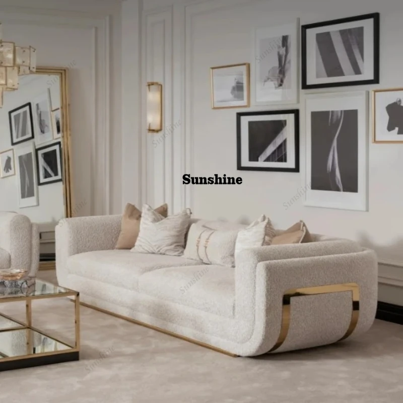 

Newest Living Room Sofa Set Gold Stainless Steel Lounge Chair Loveseat Teddy Fur Couch for Home Hotel