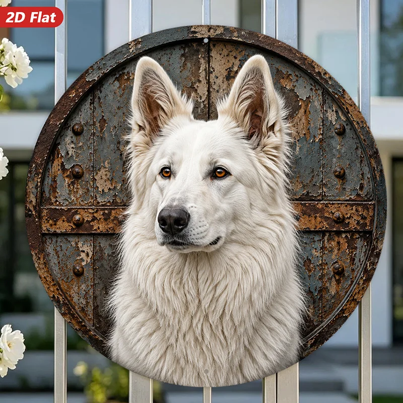1pc White Shepherd Round Metal Aluminum Sign Wall Art, White Dog Portrait,Fluffy Fur Detail,Suitable for Entryway Bedroom Corner