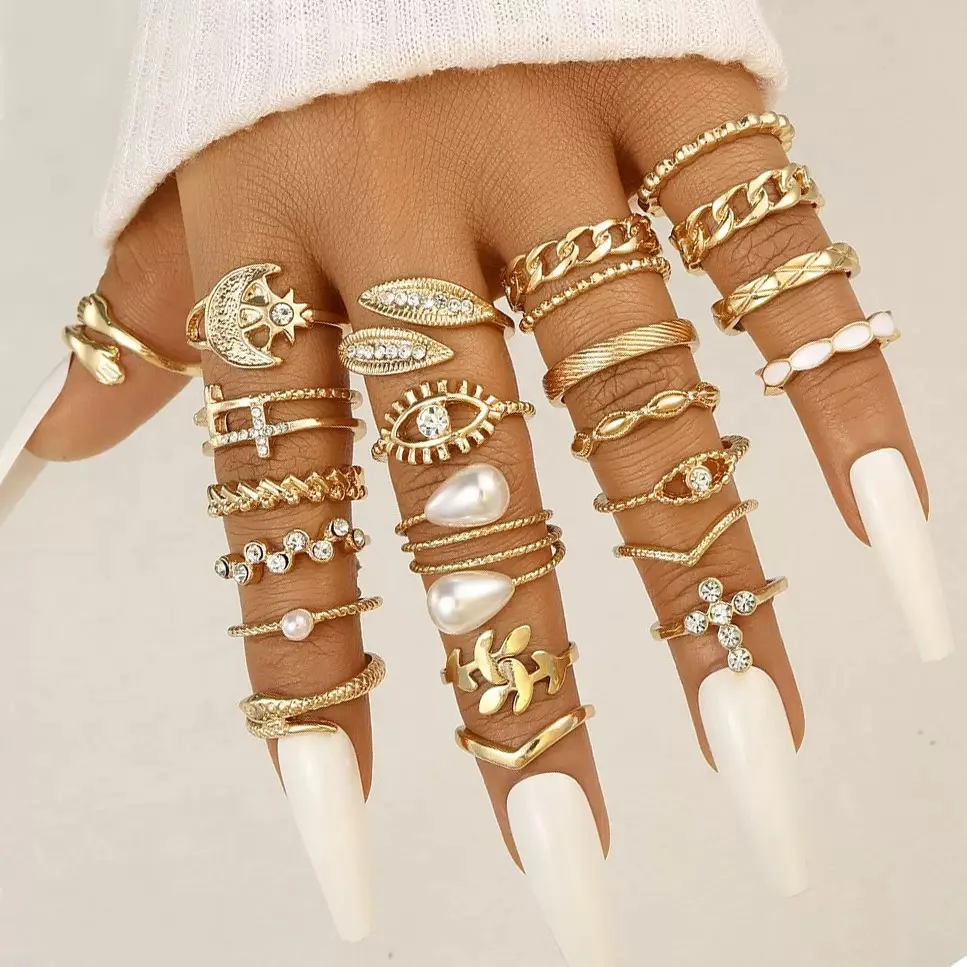 The 2025 Fashion Punk Style 22PCS Cartoon Pearl Ring Set is perfect For women To Wear Jewelry at Parties, Festivals And Gift Day