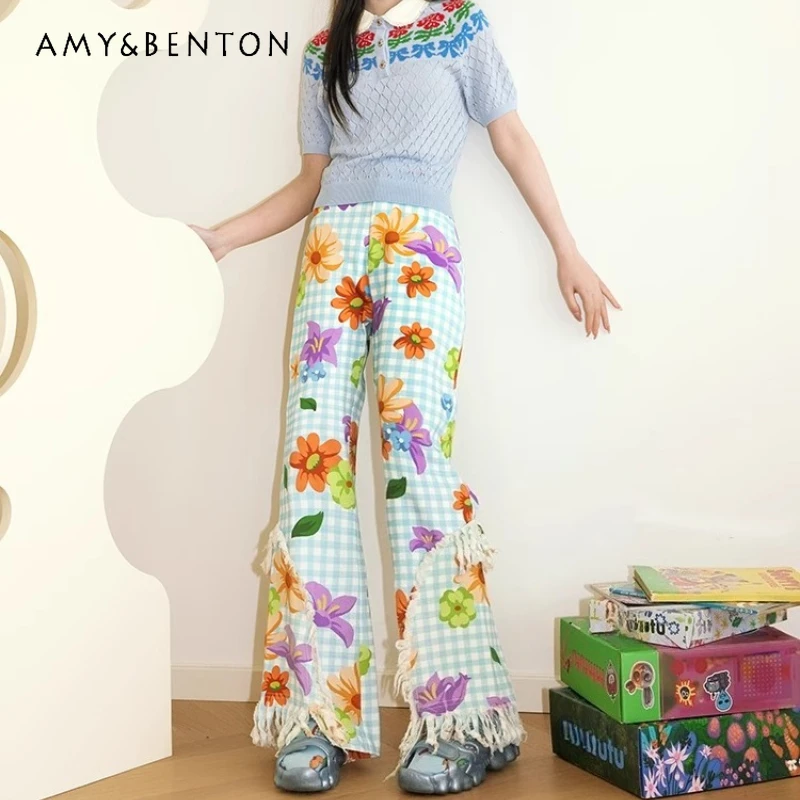 

Summer Blue Plaid Flower Tassel Women's Long Pants Original Japanese Casual Versatile Slimming Age-Reducing Flared Pants Ladies