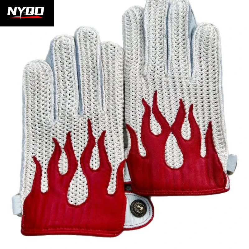 Vintage Deerskin Motorcycle Gloves Flame Pattern Touchscreen All-Season Motorbike Riding for Men Women