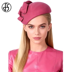 FS Luxury Red Pink Wool Women Hat Fashion Tea Party Pillbox Hats With Bowknot Wedding Beret Cap For Ladies Chapeau Femme 2026